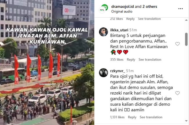 Jenazah Affan dikawal kawan kawan Ojol (Instagram)